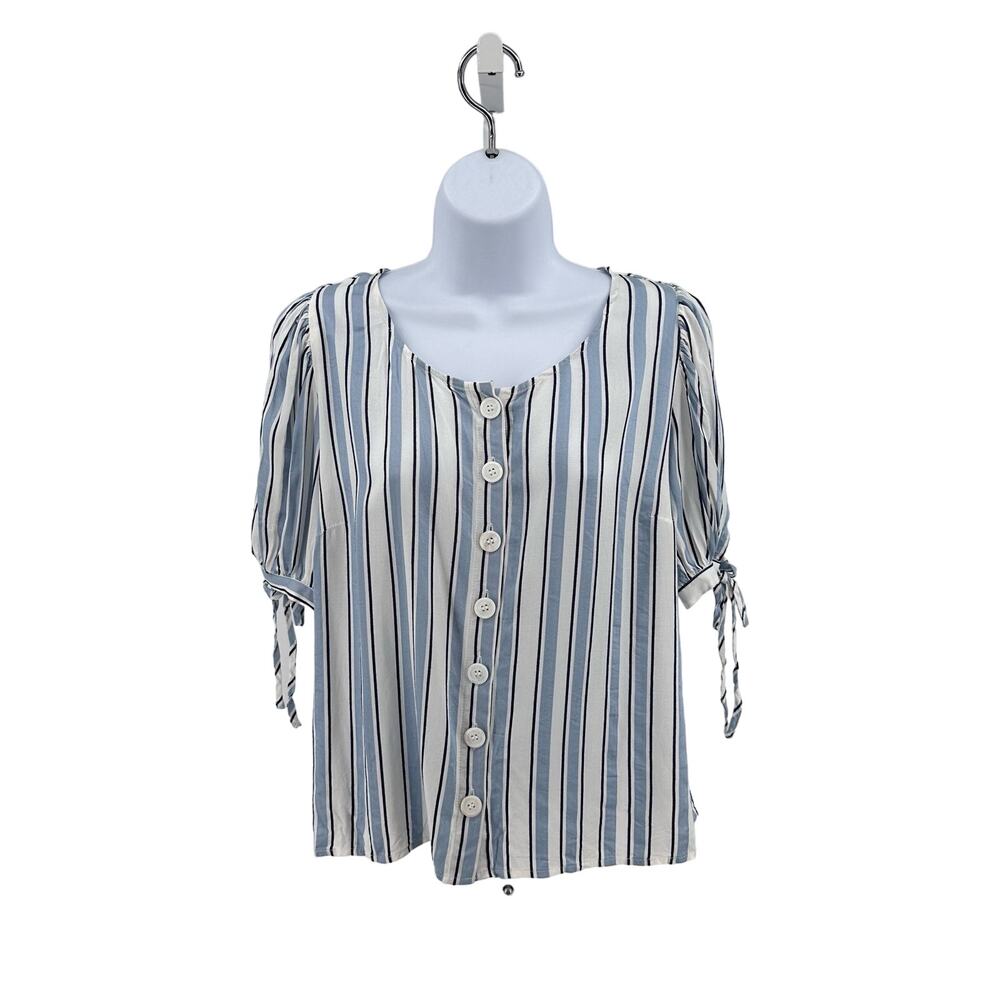 Vince Camuto Blue White Stripe Top Womens S Round Neck Button Front Short Sleeve